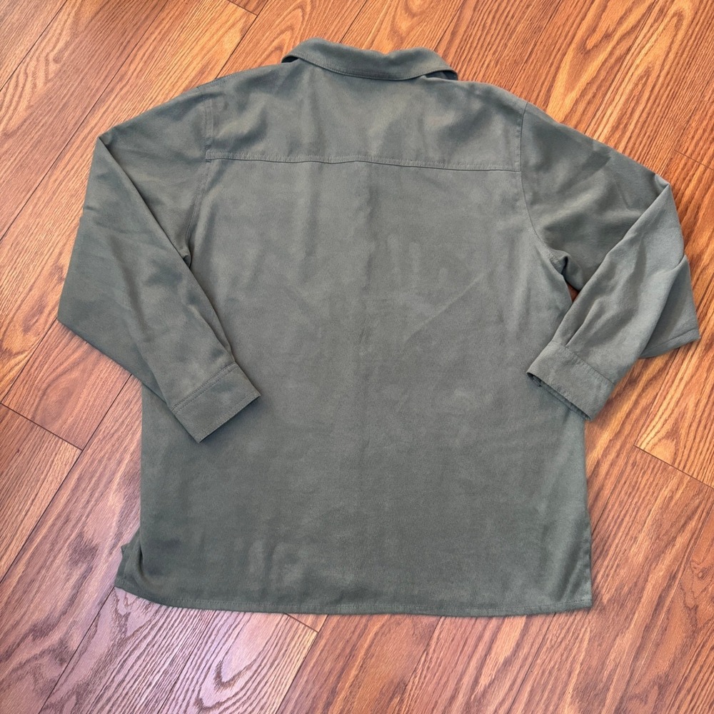 Talbots Womens Olive Green Faux Suede Button Down Shirt L Long Sleeve Pocket - Picture 2 of 6
